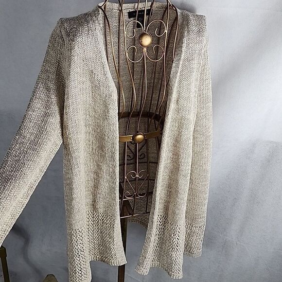Woven Neutral Tan Long Open Cardigan Sweater Tahari Size L Minmalist Fisherman - Picture 1 of 9